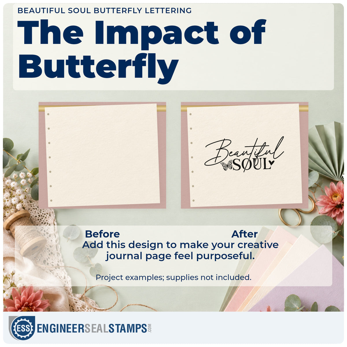 Before and after of a plain item finished with the Duo Hand Beautiful Soul Butterfly Word Art Rubber Stamp, a quick upgrade for framed side table.