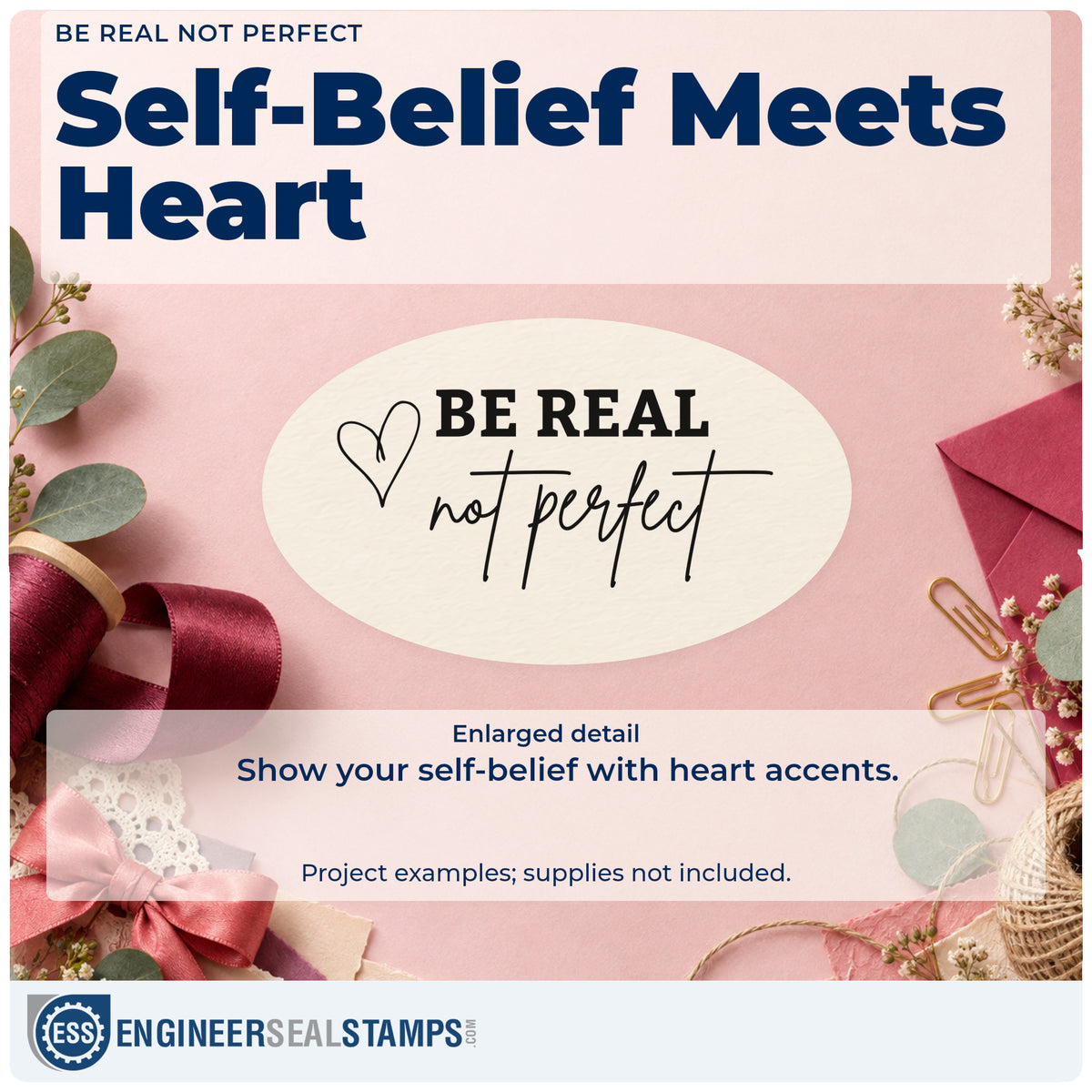 Enlarged detail of the Be Real Not Perfect Heart Accents Stamp – Duo Hand imprint. BE REAL not perfect appears beside an outlined heart.