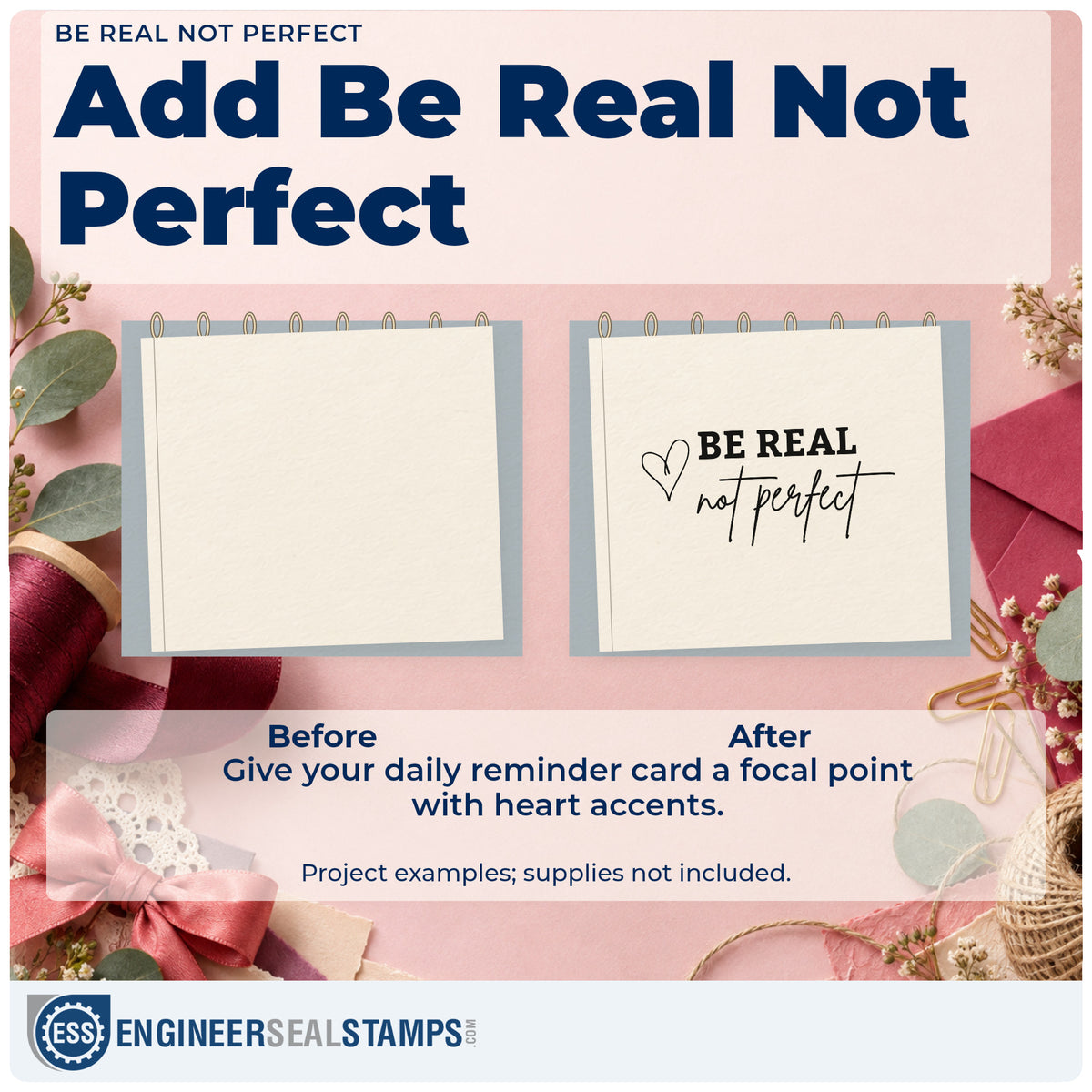 Before and after of a plain item finished with the Be Real Not Perfect Heart Accents Stamp – Duo Hand, a quick upgrade for framed hall gallery.