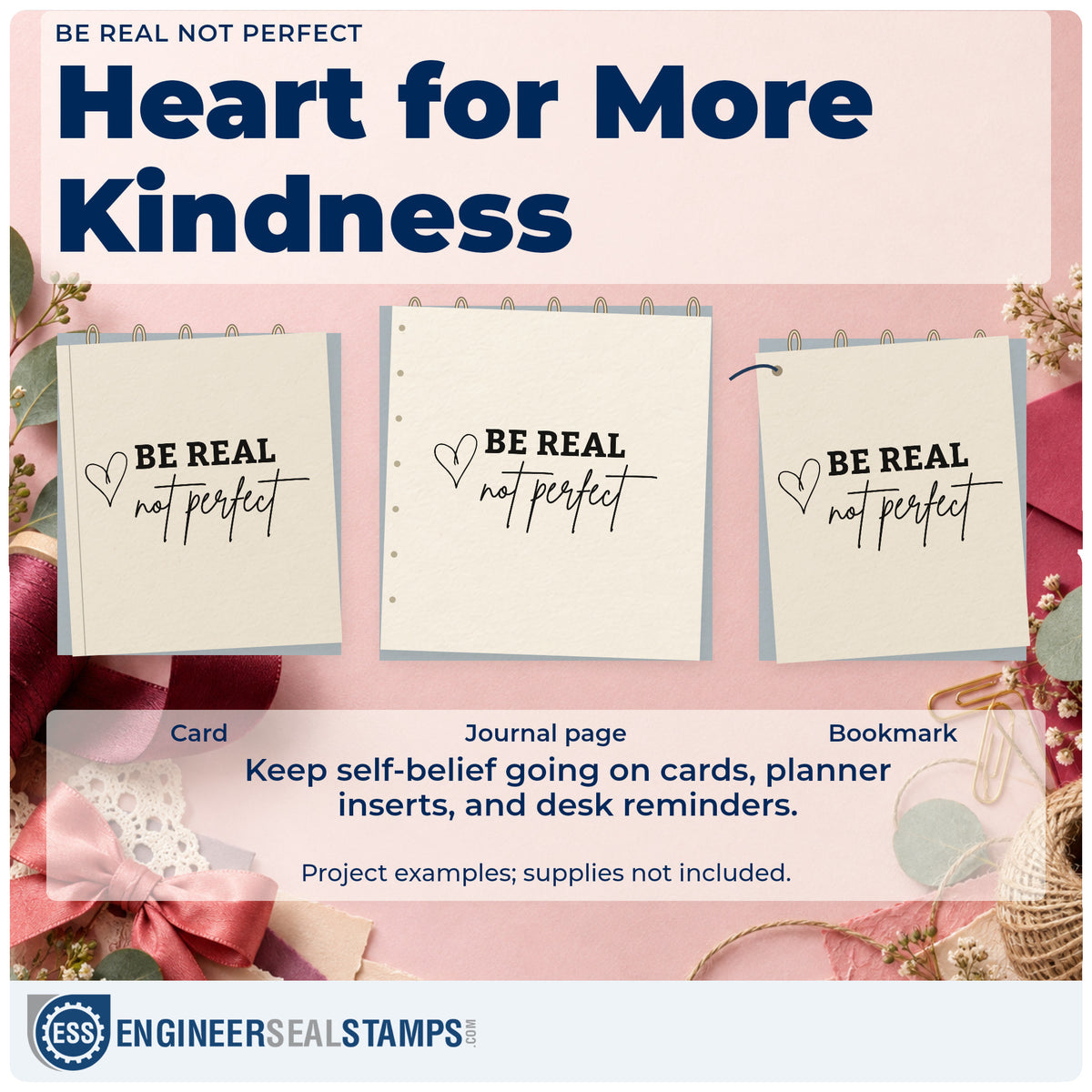 Three project examples made with the Be Real Not Perfect Heart Accents Stamp – Duo Hand, including mailing list sheet.