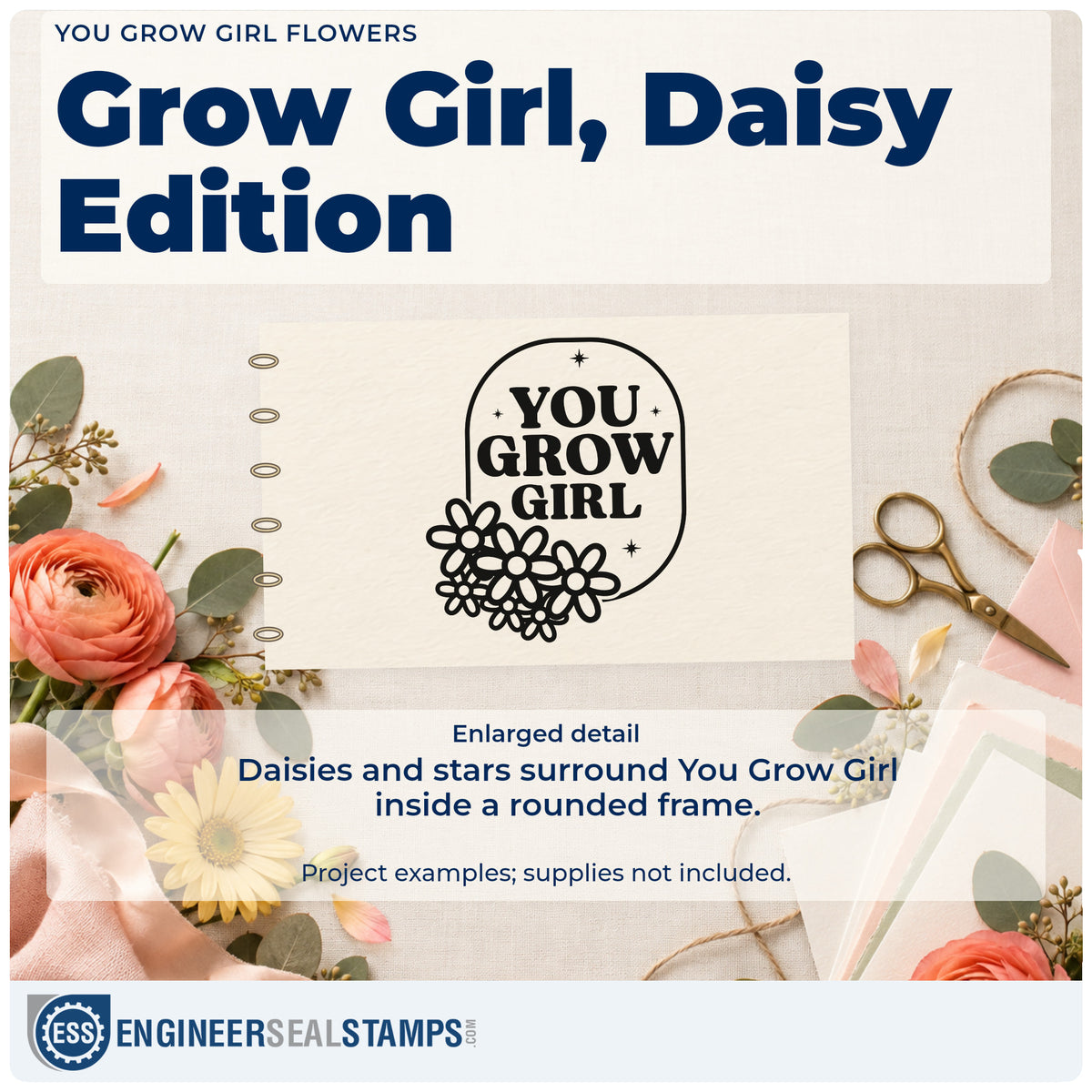 Enlarged detail of the You Grow Girl Flowers Wood Handle Stamp imprint. YOU GROW GIRL appears inside a rounded frame decorated with daisies and stars.