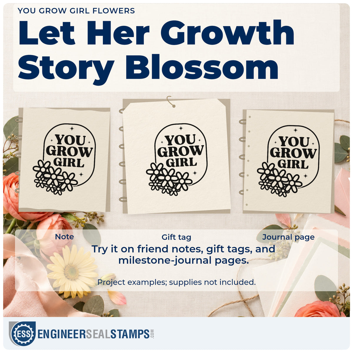 Three project examples made with the You Grow Girl Flowers Wood Handle Stamp, including sale tally sheet.