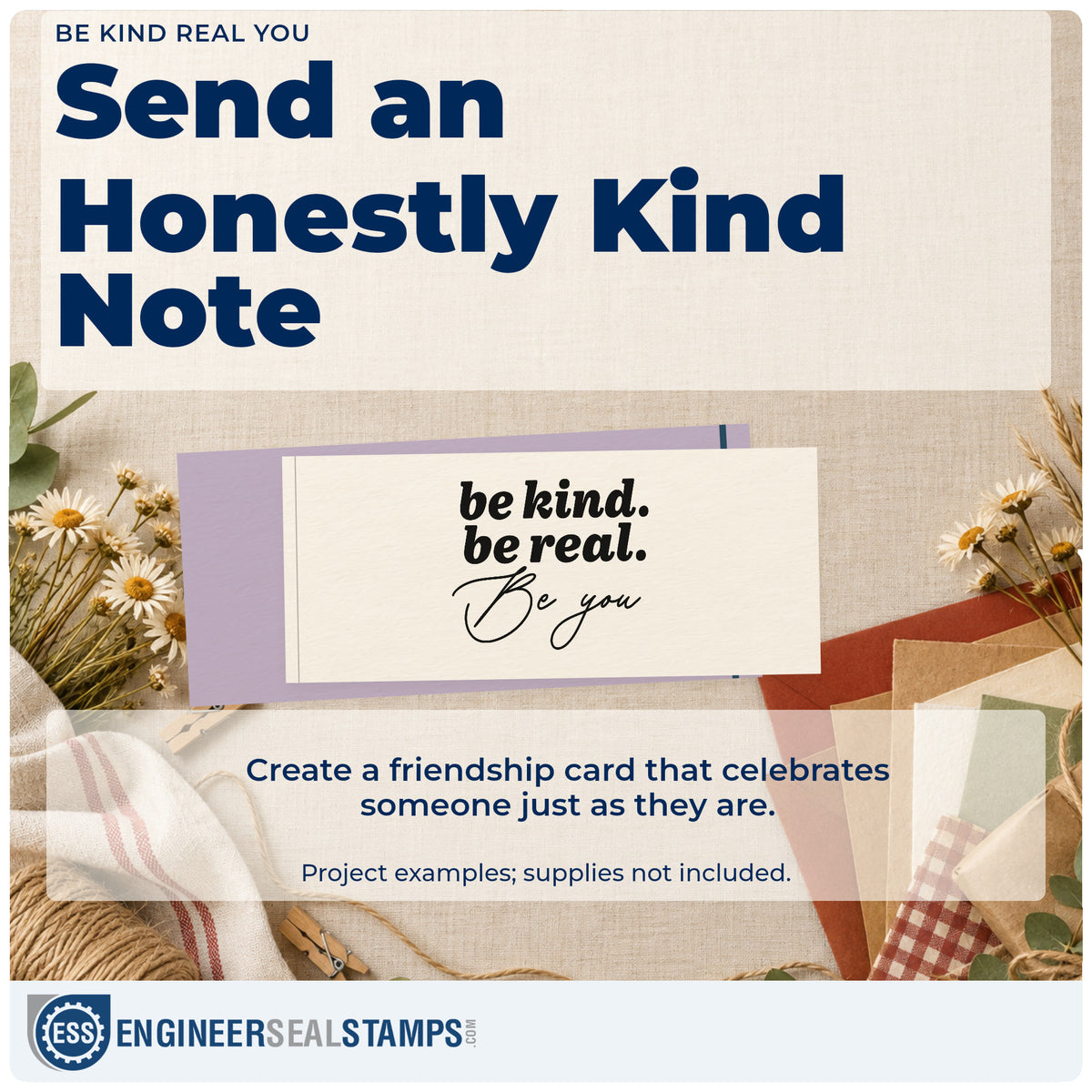 A finished handmade project stamped with the Be Kind Real You Script Lettering Rubber Stamp – Wood Handle, ideal for homeroom album page.