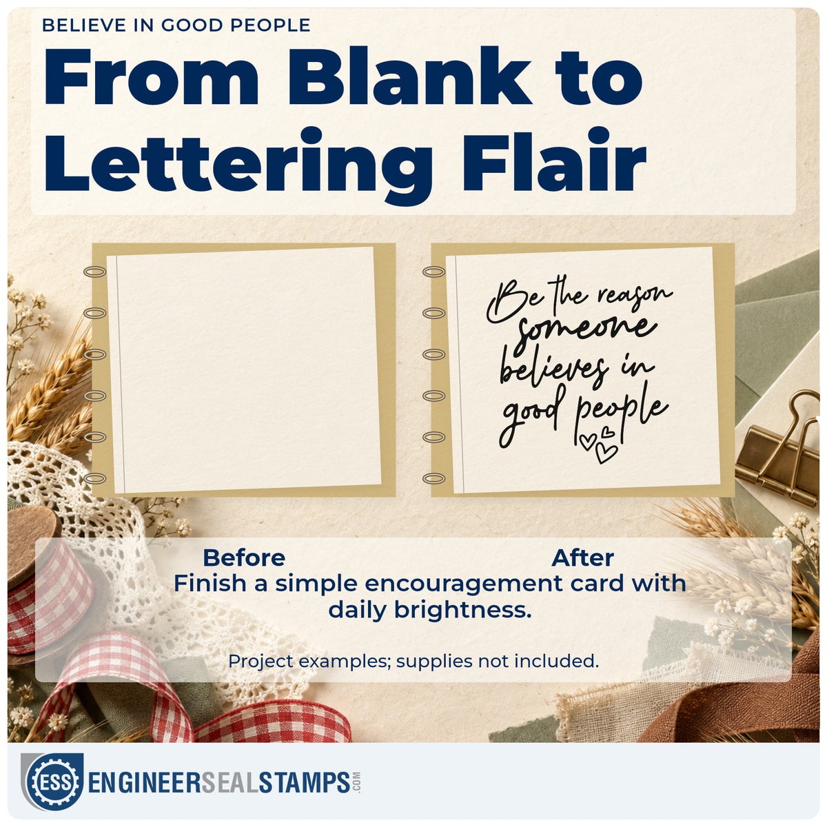 Before and after of a plain item finished with the Believe In Good People With Hearts Rubber Stamp – Duo Hand, a quick upgrade for framed porch wall.