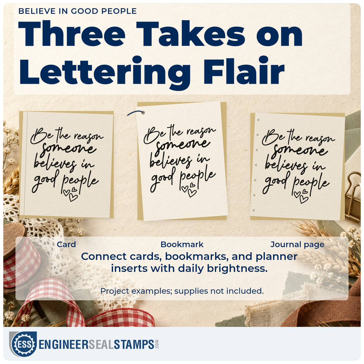 Three project examples made with the Believe In Good People With Hearts Rubber Stamp – Duo Hand, including neighbor need sheet.