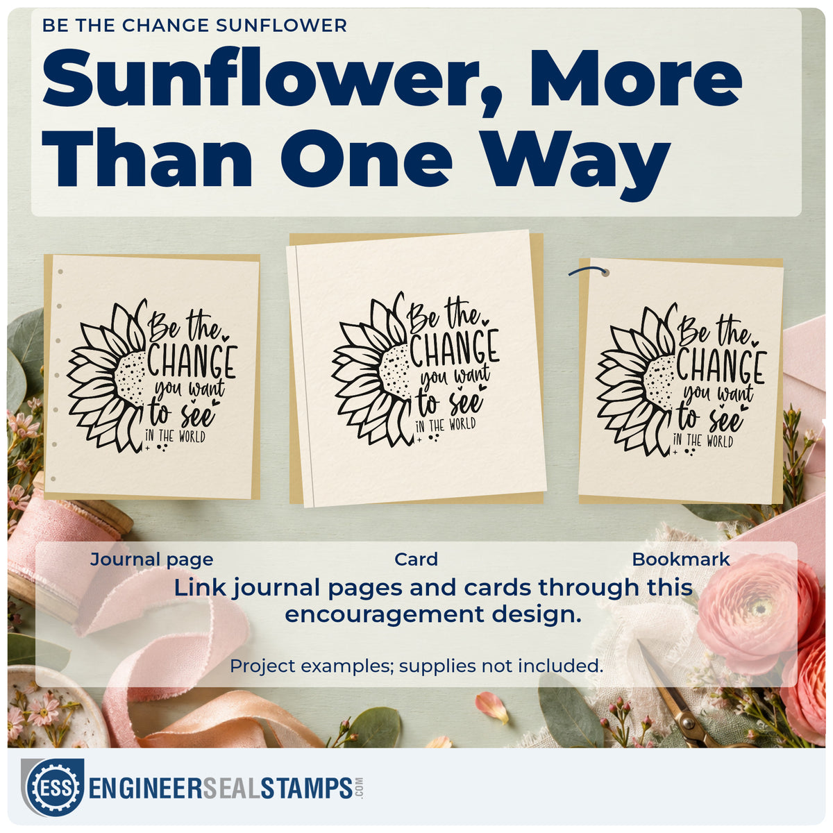 Three project examples made with the Be The Change Sunflower Hand Stamp – Duo, including class total sheet.