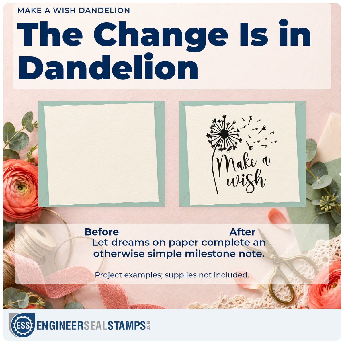 Before and after of a plain item finished with the Make A Wish Dandelion Rubber Stamp – Duo Hand, a quick upgrade for framed back door.