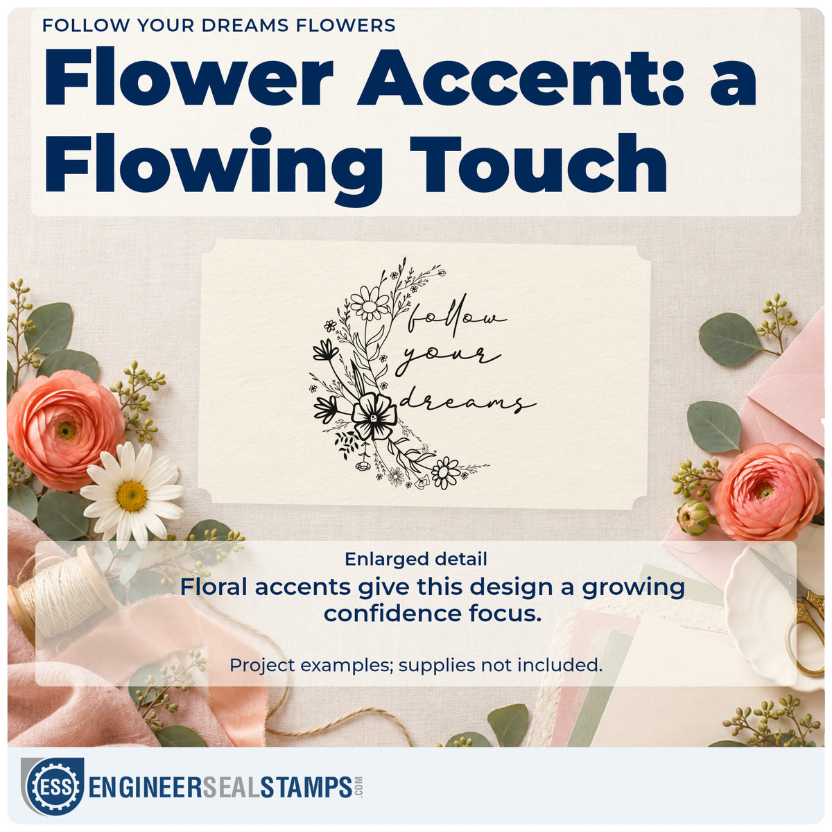 Enlarged detail of the Vintage Pro Follow Your Dreams Flowers Premium Wooden Stamp imprint. Follow your dreams appears in script beside a curved spray of detailed wildflowers.