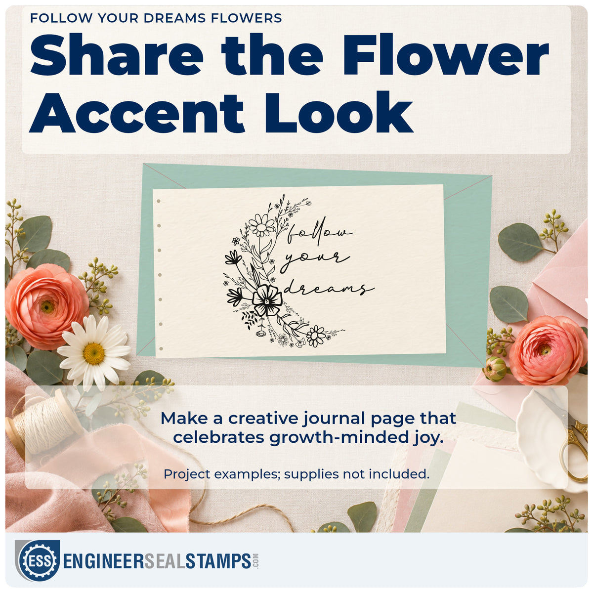 A finished handmade project stamped with the Follow Your Dreams Flowers Duo Hand Stamp, ideal for sketchbook album page.