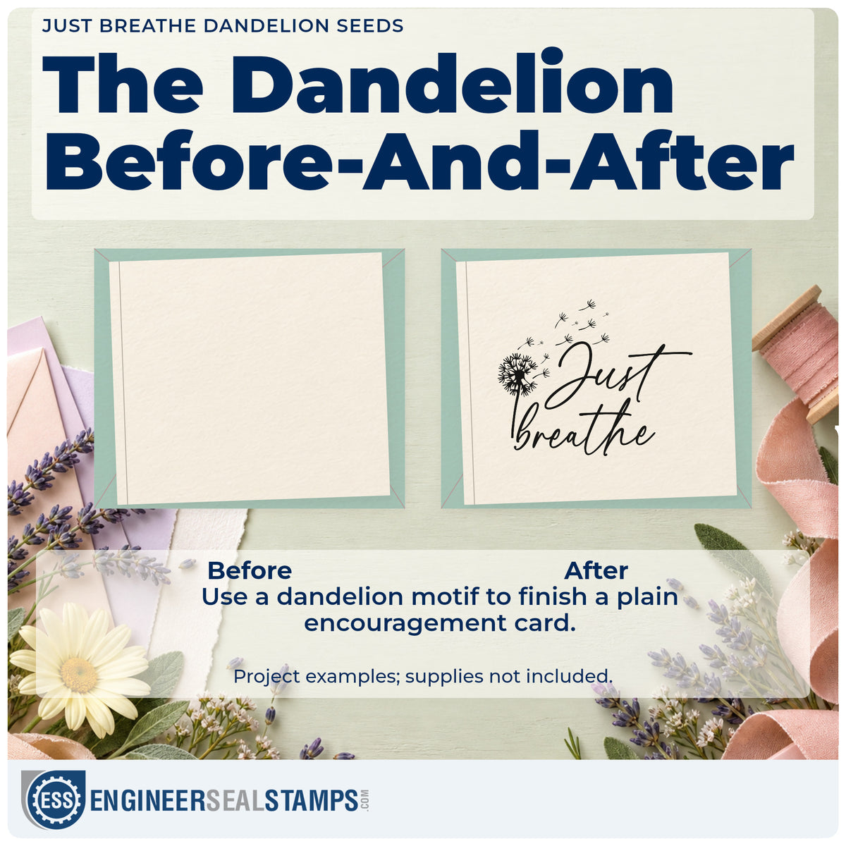 Before and after of a plain item finished with the Just Breathe Dandelion Seeds Script Lettering Premium Wooden Stamp – Vintage Pro, a quick upgrade for framed gear room.