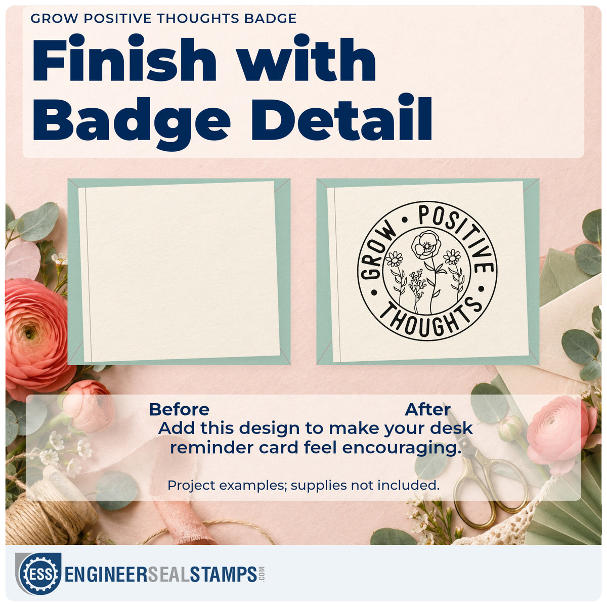 Before and after of a plain item finished with the Grow Positive Thoughts Badge Self-Inking Stamp, a quick upgrade for framed garden gate.