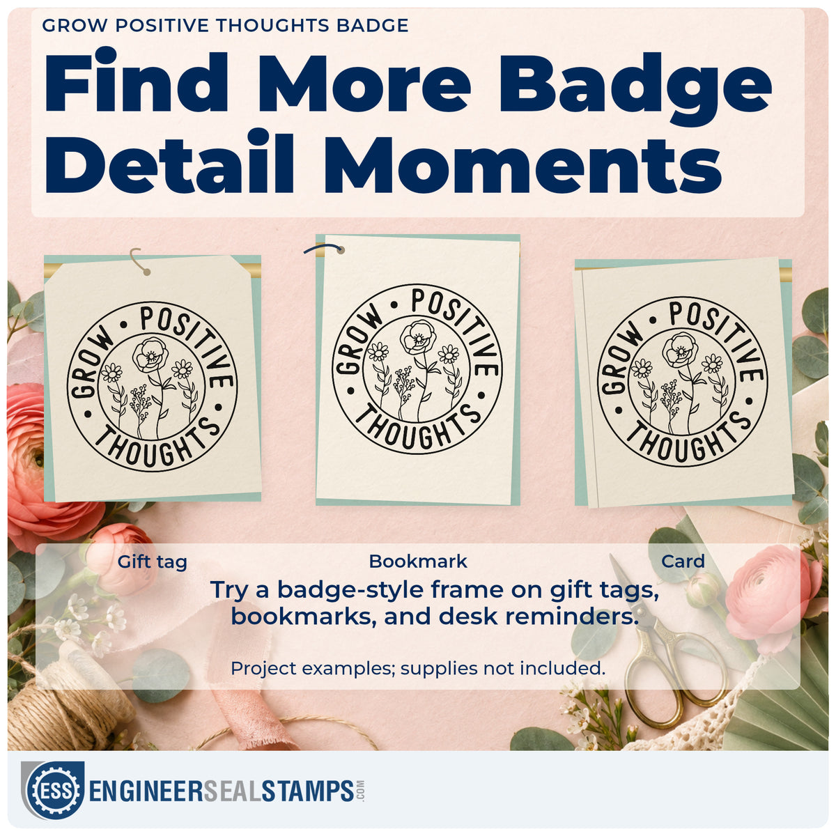Three project examples made with the Grow Positive Thoughts Badge Self-Inking Stamp, including rota water sheet.