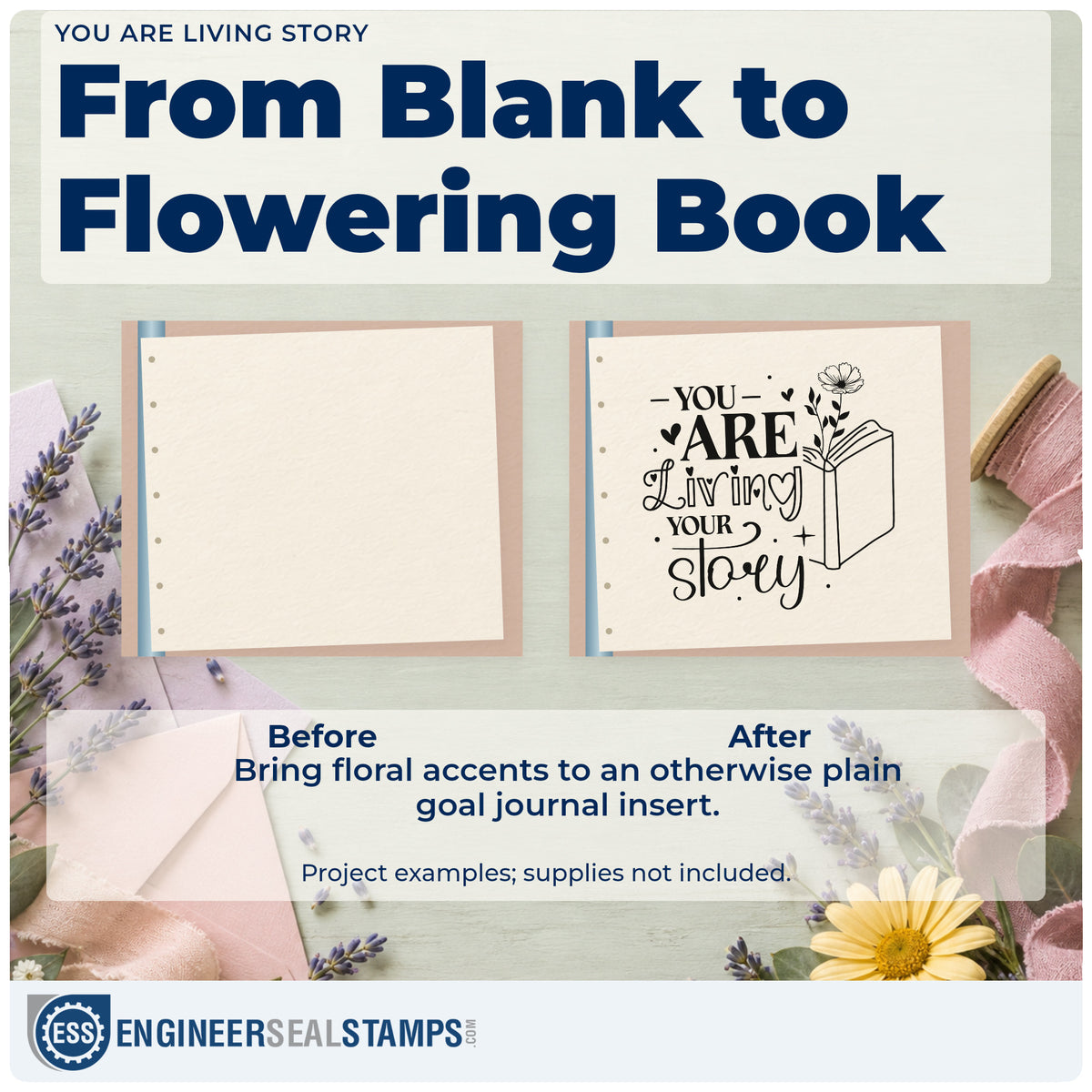 Before and after of a plain item finished with the You Are Living Story PSI Pre-Inked Stamp, a quick upgrade for framed writing room.
