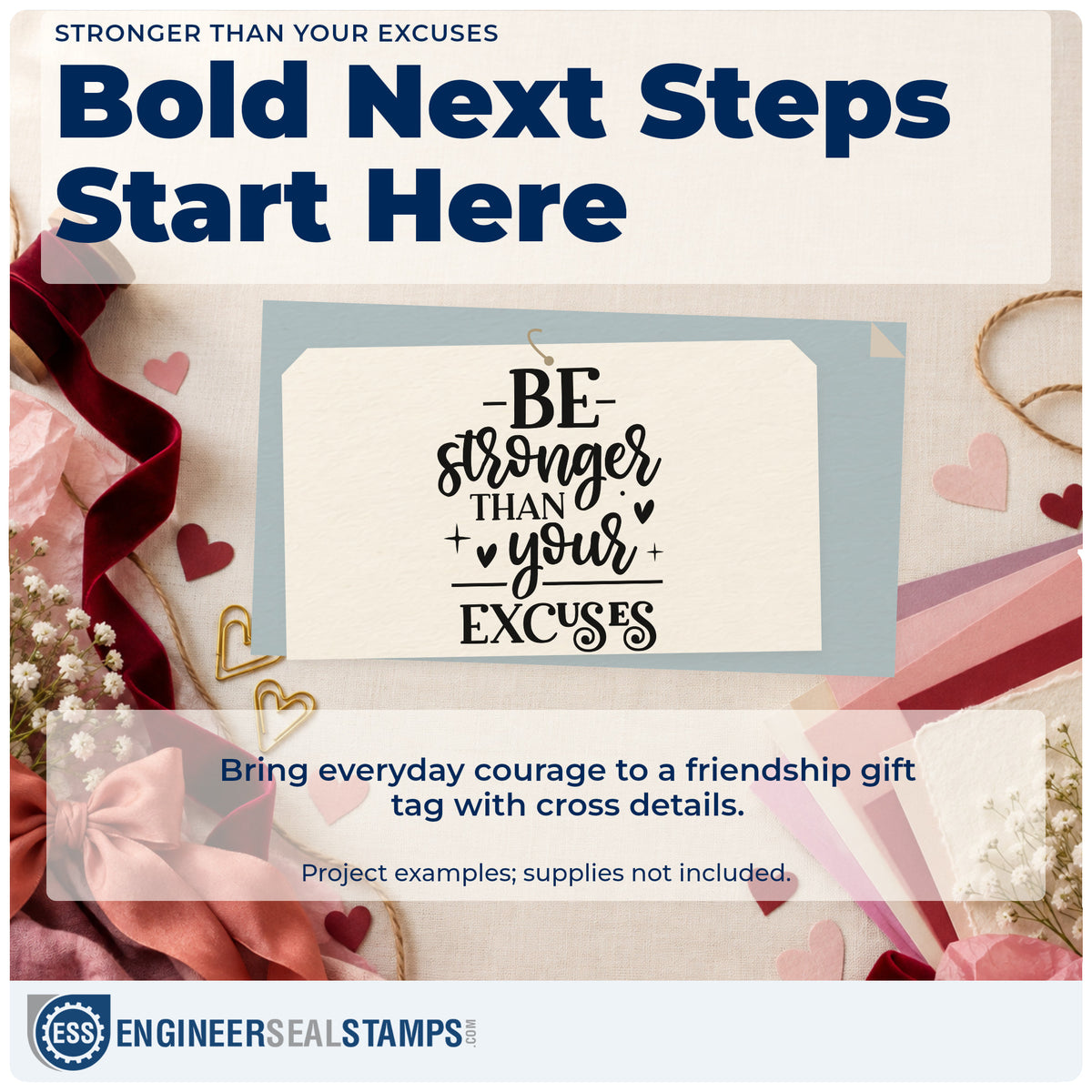A finished handmade project stamped with the Be Stronger Than Your Excuses With Cross Rubber Stamp – Wood Handle, ideal for challenge album page.