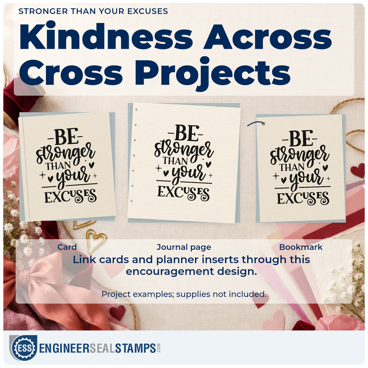 Three project examples made with the Be Stronger Than Your Excuses With Cross Duo Hand Stamp, including floor tally sheet.