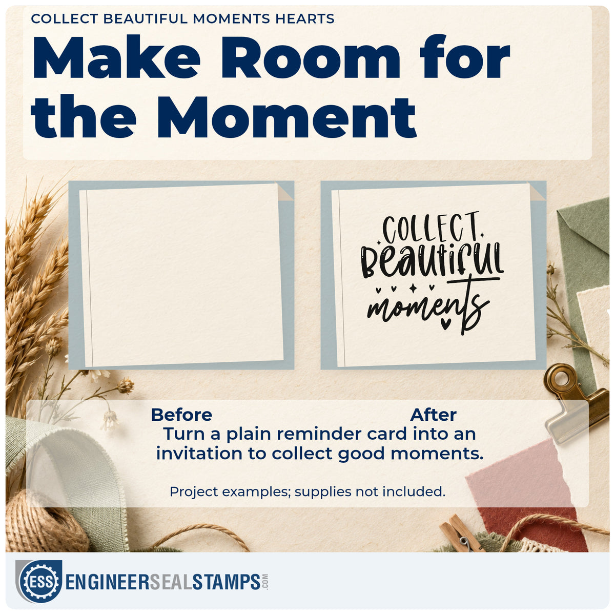 Before and after of a plain item finished with the Collect Beautiful Moments Pre-Inked Stamp – PSI, a quick upgrade for framed stair wall.