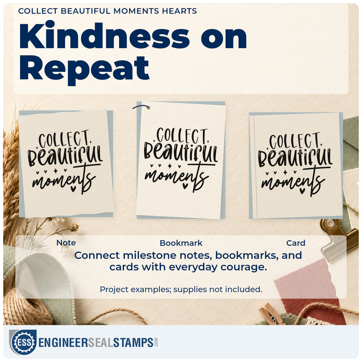 Three project examples made with the Slim Pre-Inked Collect Beautiful Moments Stamp, including grid layout sheet.