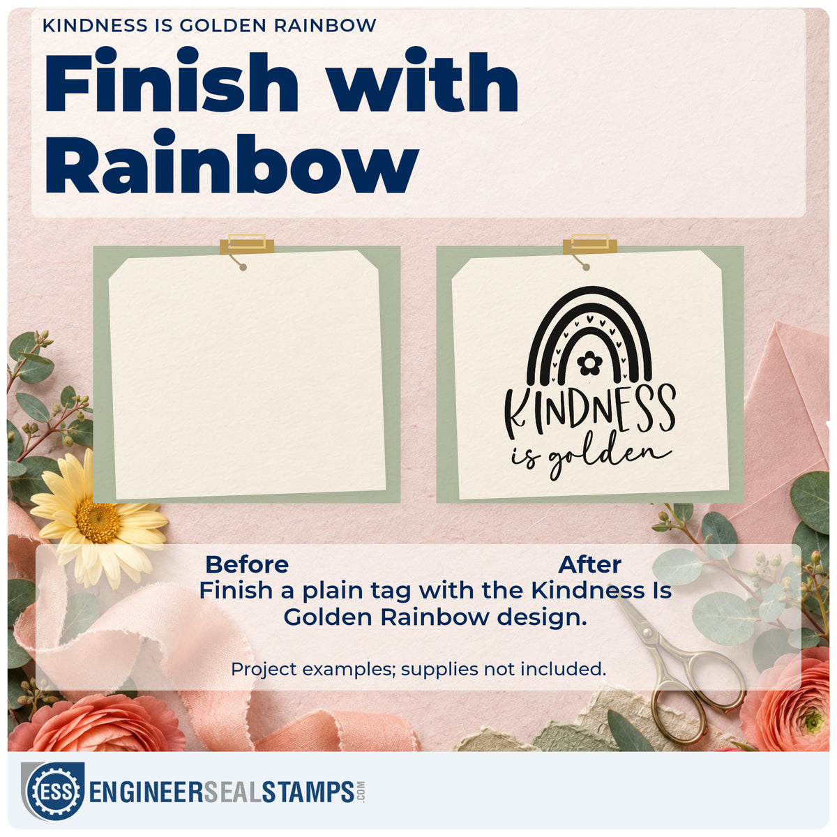 Before and after of a plain item finished with the Kindness Is Golden Rainbow Floral Accents Stamp – PSI Pre-Inked, a quick upgrade for framed waiting bench.