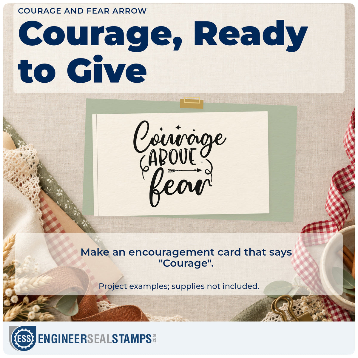 A finished handmade project stamped with the Courage Fear Script With Sparkles Hand Stamp – Duo, ideal for first day album page.