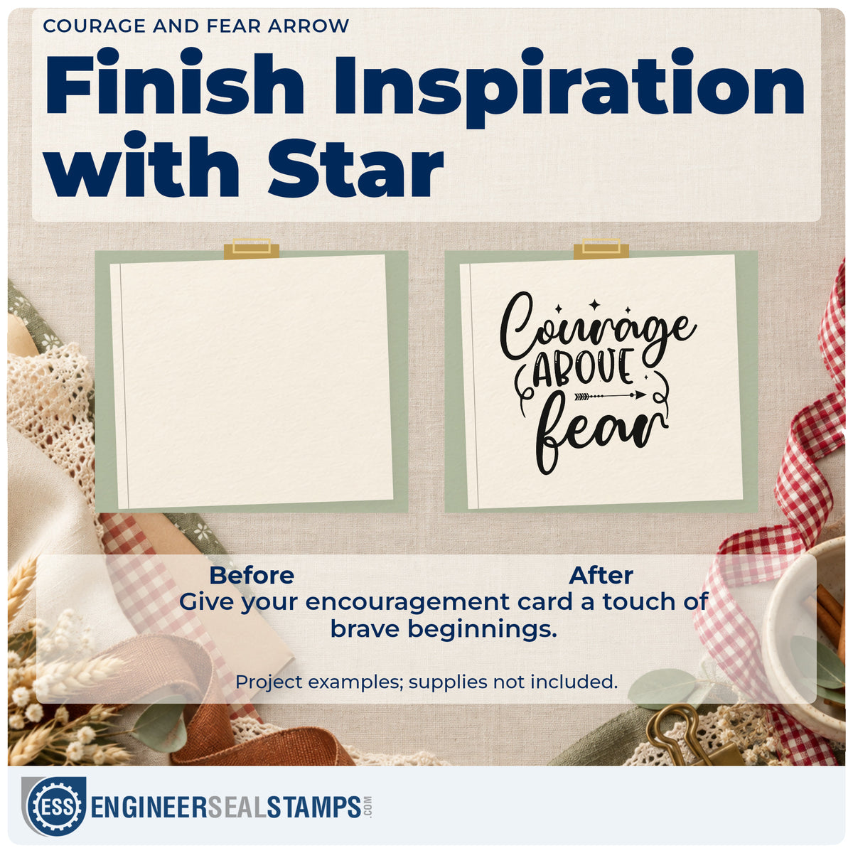 Before and after of a plain item finished with the Courage Fear Script With Sparkles Hand Stamp – Duo, a quick upgrade for framed hall hook.