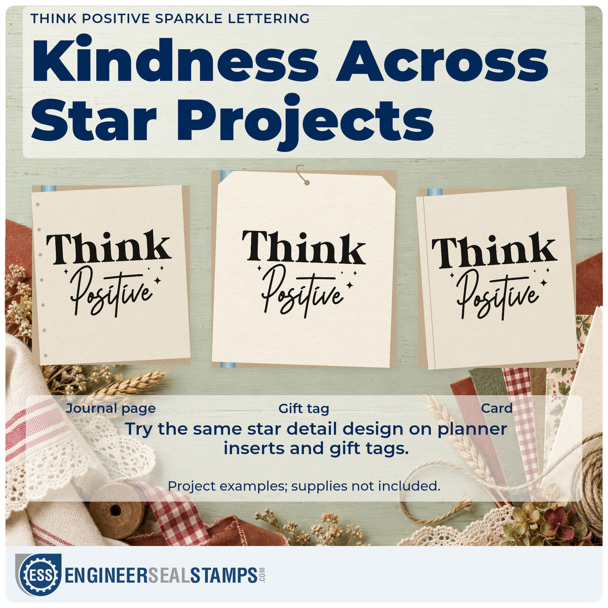 Three project examples made with the Think Positive Sparkle Lettering Premium Wooden Stamp – Vintage Pro, including appointment day sheet.