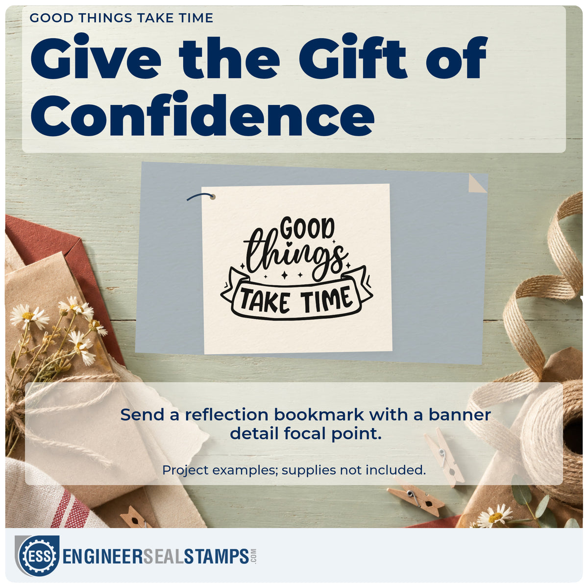 A finished handmade project stamped with the Good Things Take Time With Sparkles Stamp – Self-Inking, ideal for make album page.