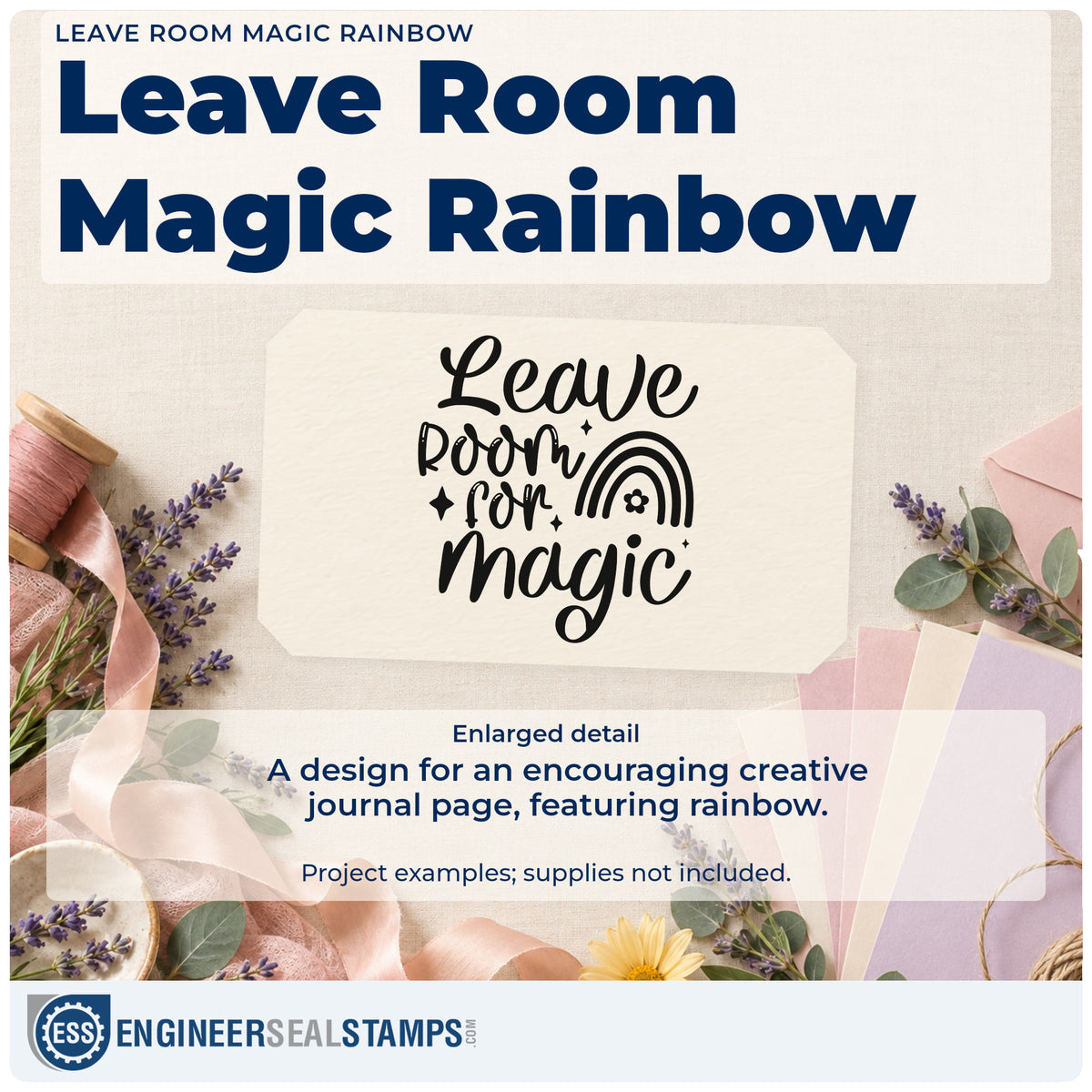 Enlarged detail of the Leave Room Magic Rainbow Duo Hand Stamp imprint. Leave ROOM FOR magic appears with a rainbow, tiny flower, hearts, and sparkles.