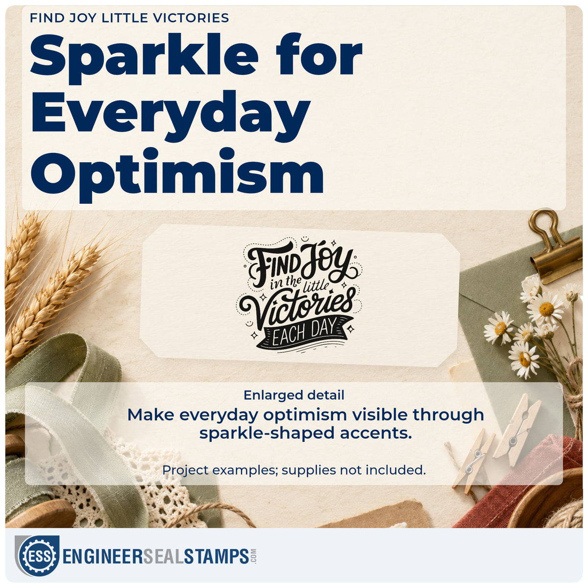 Enlarged detail of the Find Joy Little Victories Pre-Inked Stamp – Slim imprint. Find Joy in the Little Victories EACH DAY appears in decorative lettering with dots and sparkles.