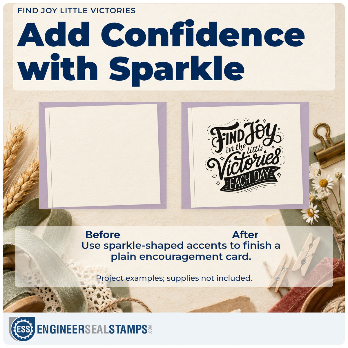 Before and after of a plain item finished with the Find Joy Little Victories Premium Wood-Mounted Stamp – Vintage Pro, a quick upgrade for framed class room.