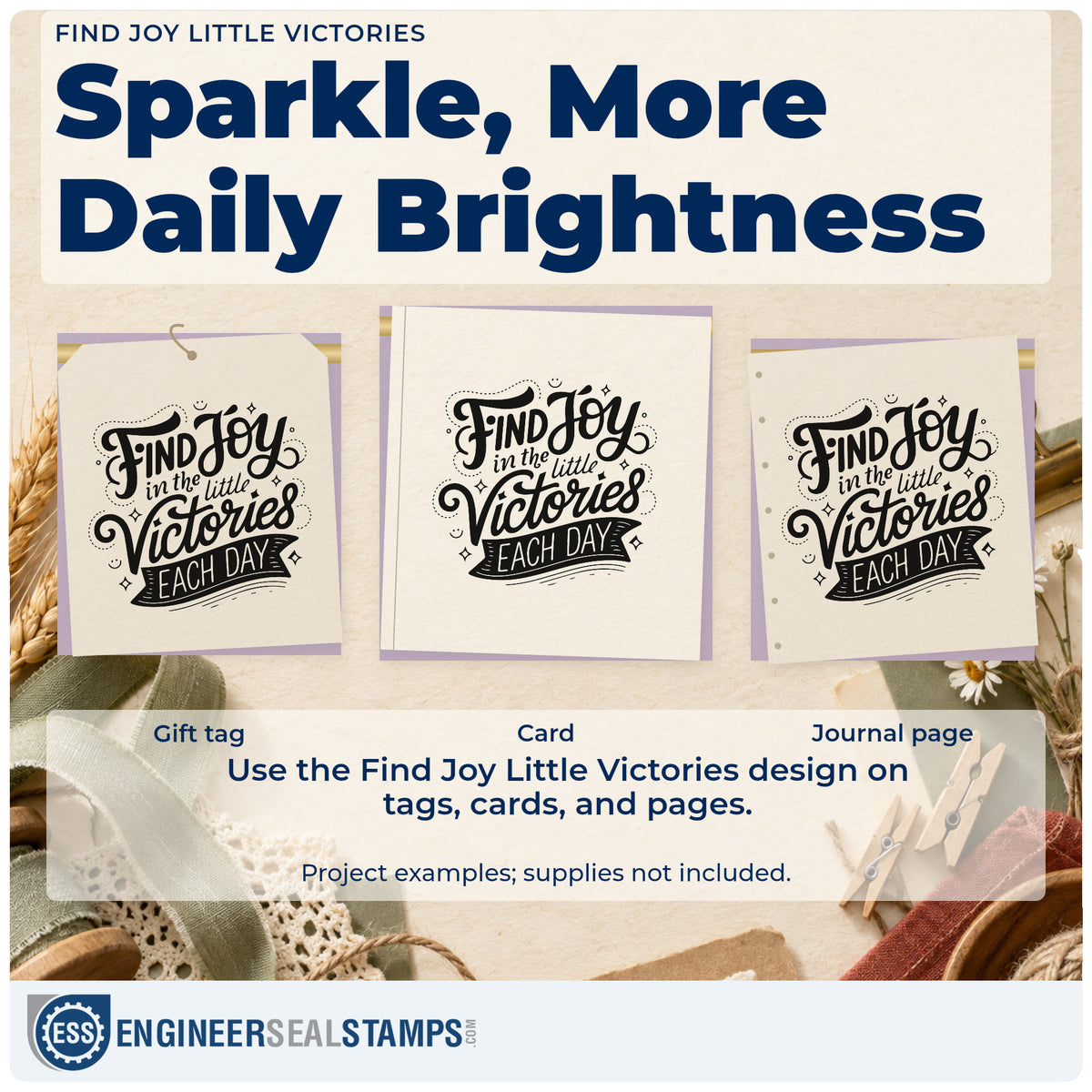Three project examples made with the Find Joy Little Victories Pre-Inked Stamp – Slim, including sign practice sheet.