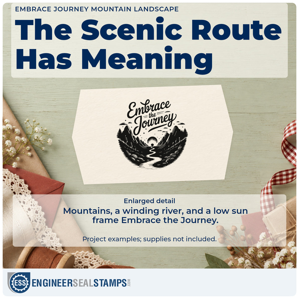 Enlarged detail of the Embrace Journey Mountain Landscape Rubber Stamp – Duo Hand imprint. Embrace the Journey appears above mountains, trees, a winding river, and a low sun.