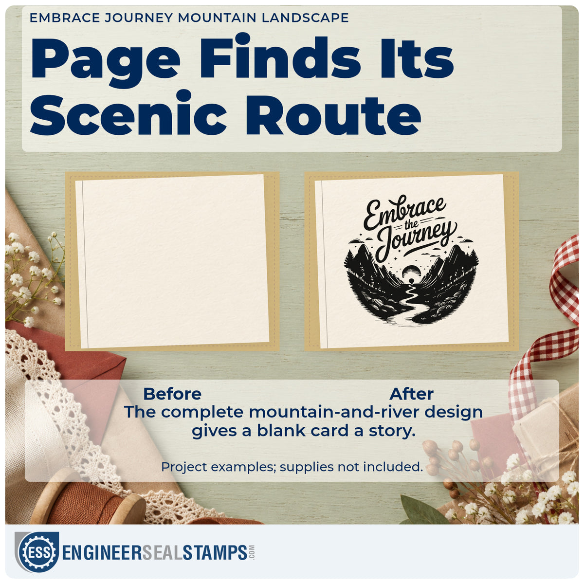 Before and after of a plain item finished with the Embrace Journey Mountain Landscape Premium Wooden Stamp – Vintage Pro, a quick upgrade for framed hall map.