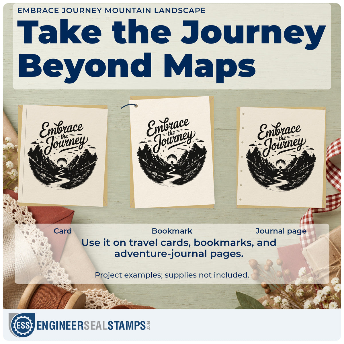 Three project examples made with the Wood Handle Embrace Journey Mountain Landscape Rubber Stamp, including park visit sheet.