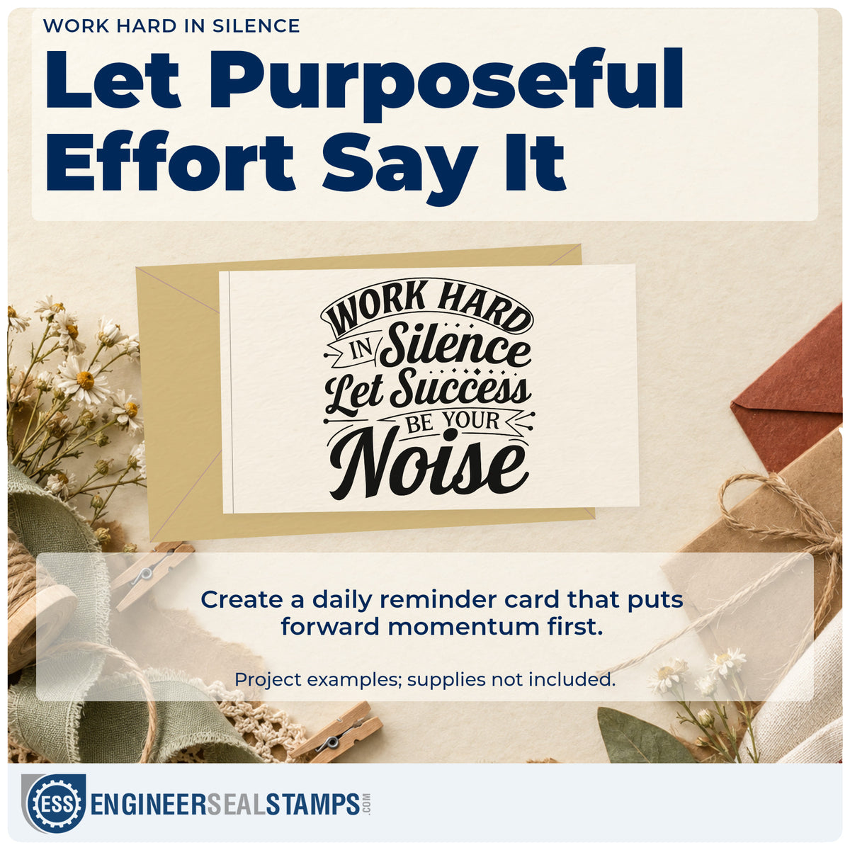 A finished handmade project stamped with the Work Hard In Silence Let Success Be Your Noise Slim Pre-Inked Stamp, ideal for bench album page.