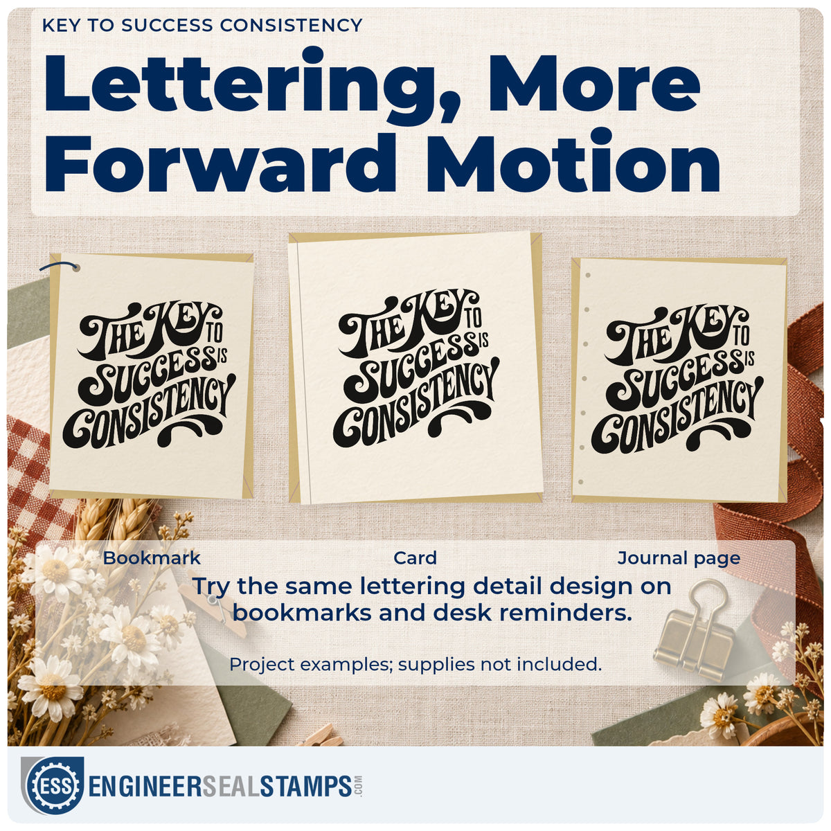 Three project examples made with the Key To Success Consistency Premium Wood-Mounted Stamp – Vintage Pro, including post plan sheet.