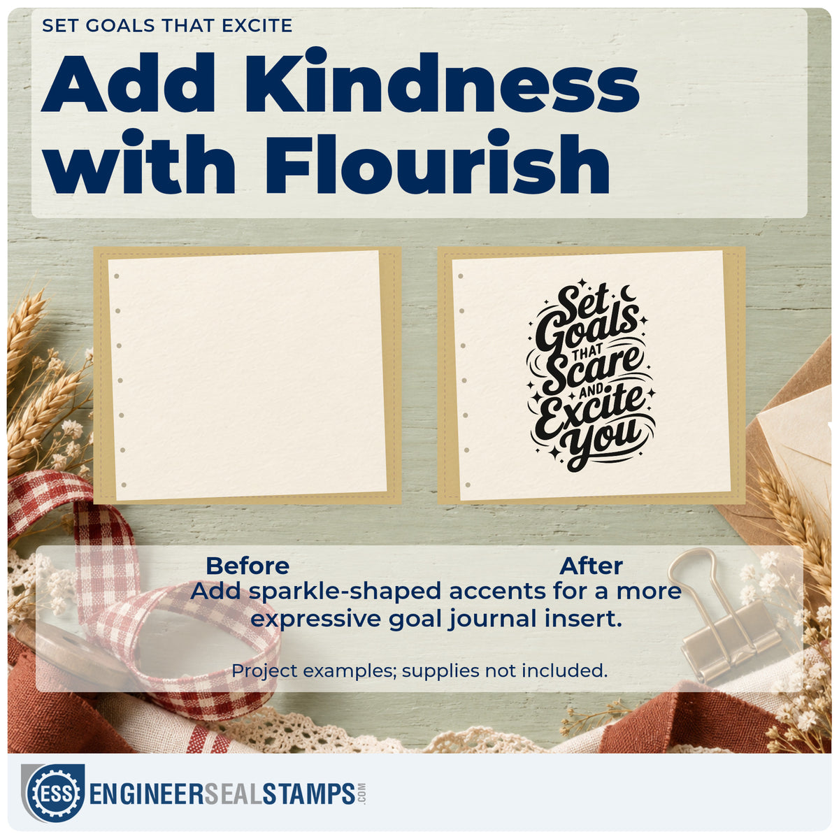 Before and after of a plain item finished with the Set Goals That Scare And Excite You Pre-Inked Stamp – PSI, a quick upgrade for framed studio bay.
