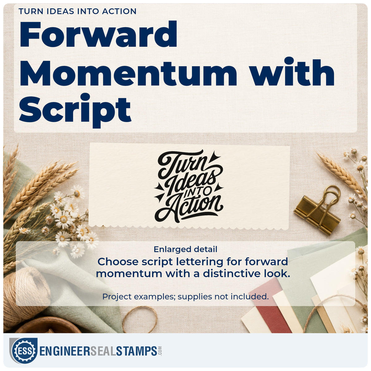 Enlarged detail of the Turn Ideas Into Action Script Lettering Rubber Stamp – Duo Hand imprint. Turn Ideas INTO Action appears in sweeping script with pointed decorative accents.
