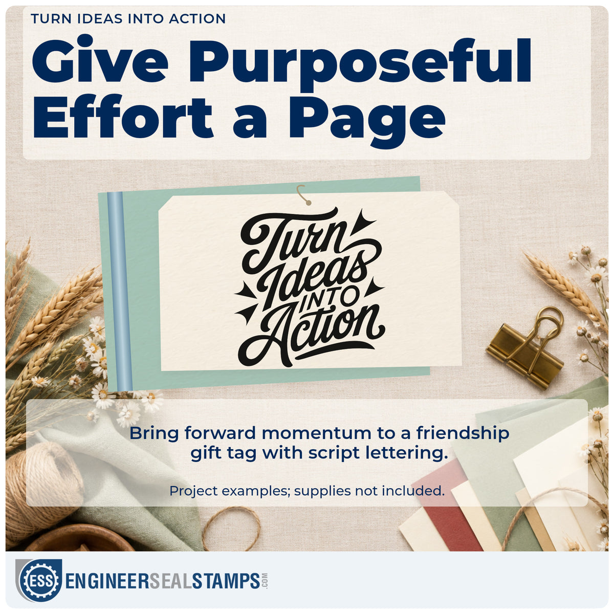 A finished handmade project stamped with the Turn Ideas Into Action Script Lettering Rubber Stamp – Duo Hand, ideal for project album page.