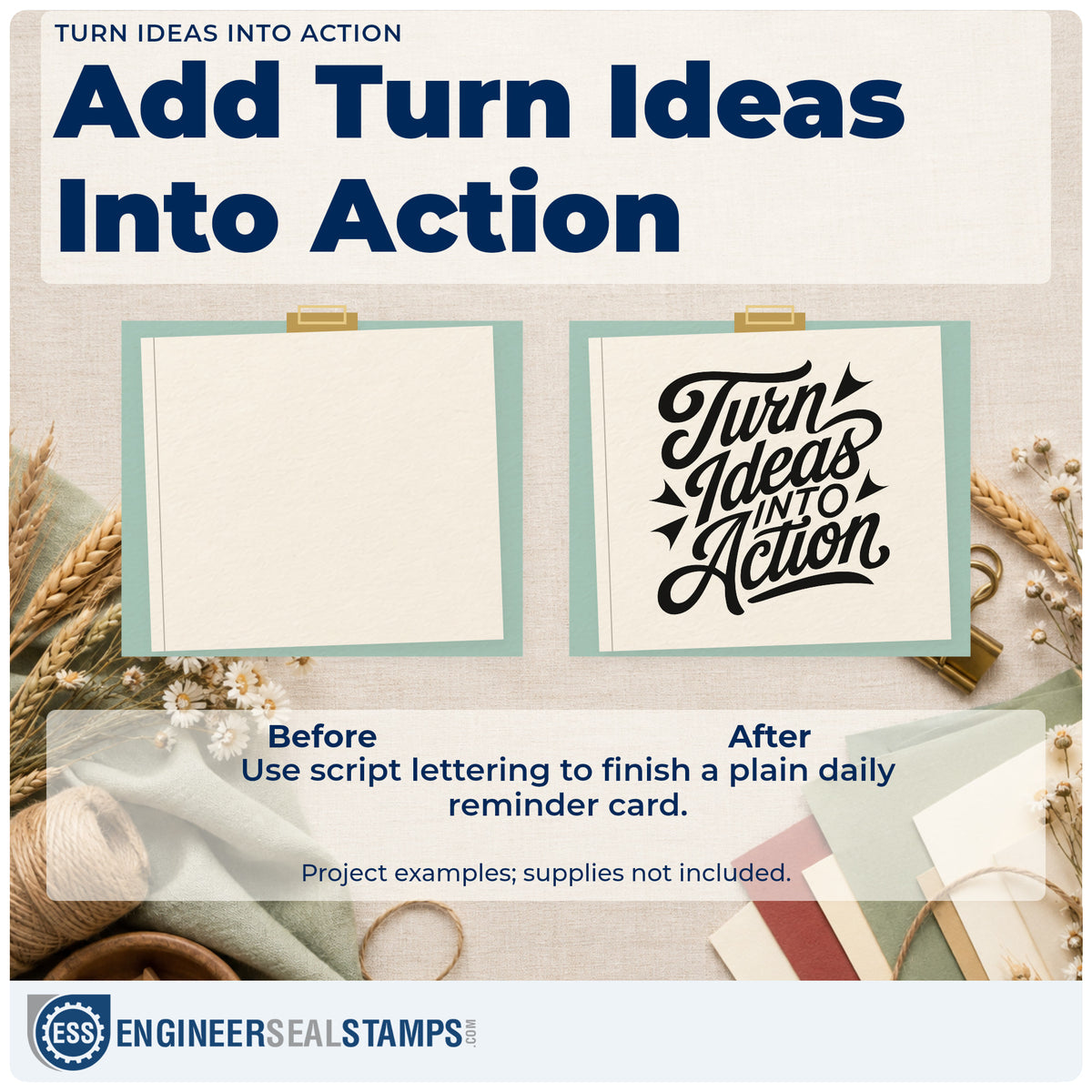 Before and after of a plain item finished with the Turn Ideas Into Action Script Lettering Rubber Stamp – Duo Hand, a quick upgrade for framed meeting hall.