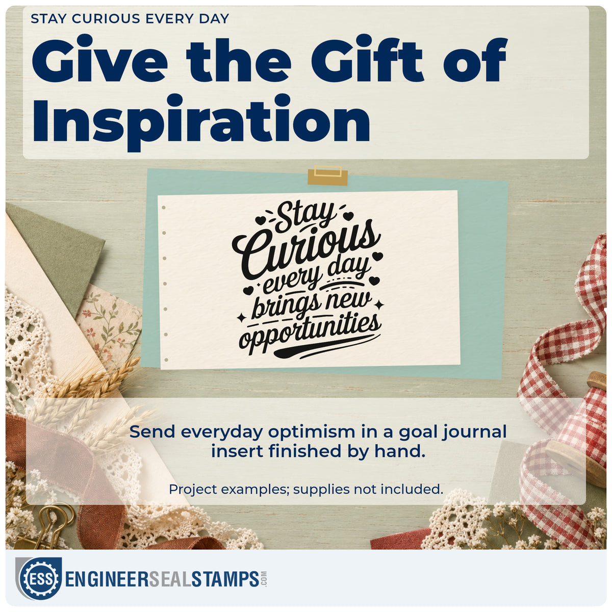 A finished handmade project stamped with the Stay Curious Every Day Premium Wood-Mounted Stamp – Vintage Pro, ideal for experiment album page.