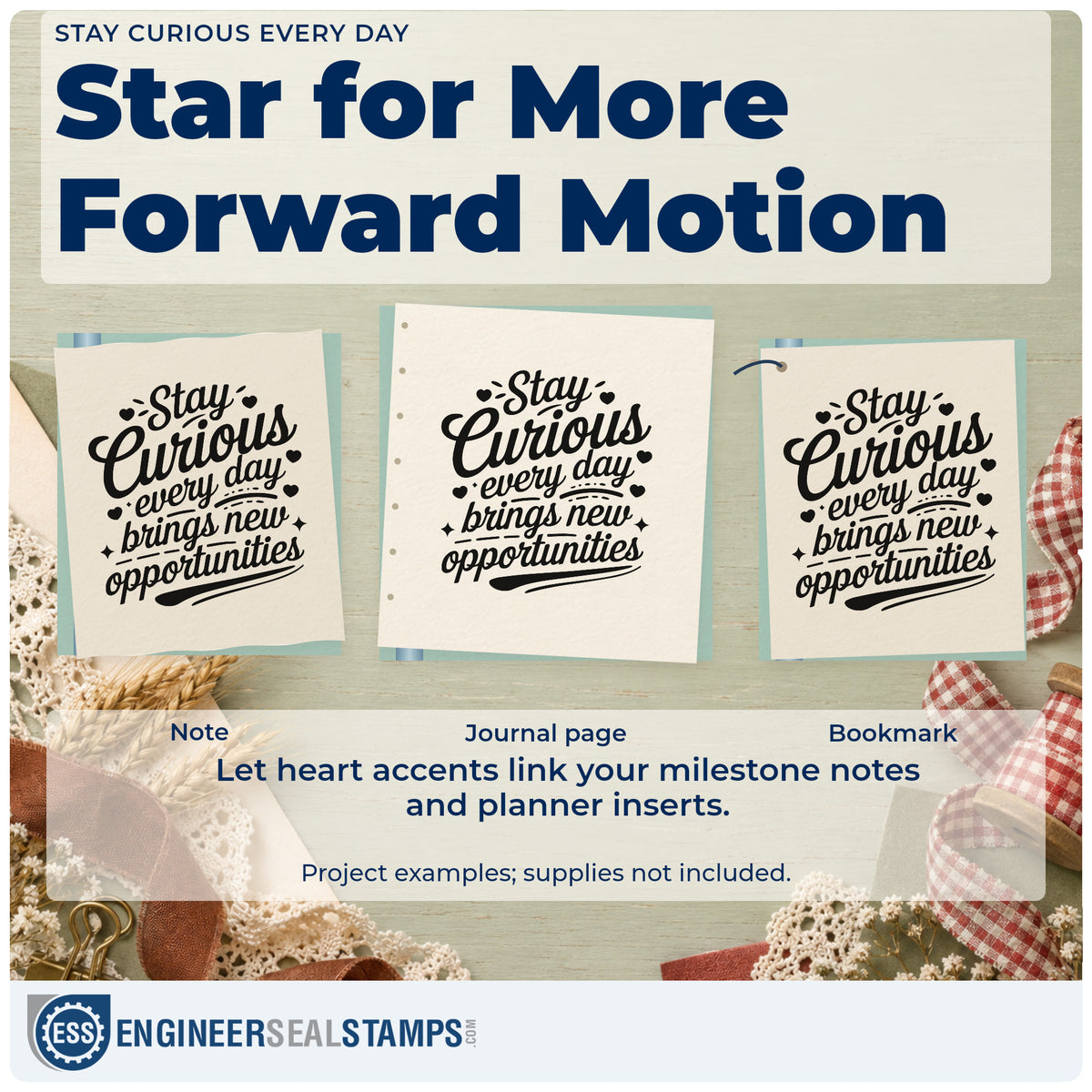 Three project examples made with the Stay Curious Every Day Premium Wood-Mounted Stamp – Vintage Pro, including result log sheet.