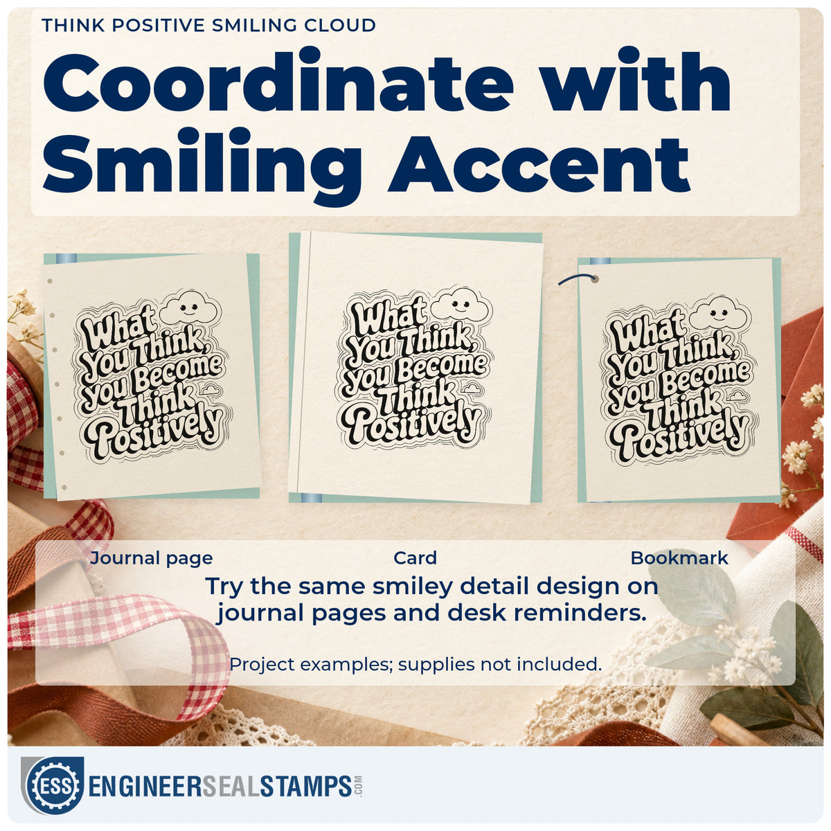 Three project examples made with the Think Positive Smiling Cloud Outline Detail Wood Handle Stamp, including rota reader sheet.