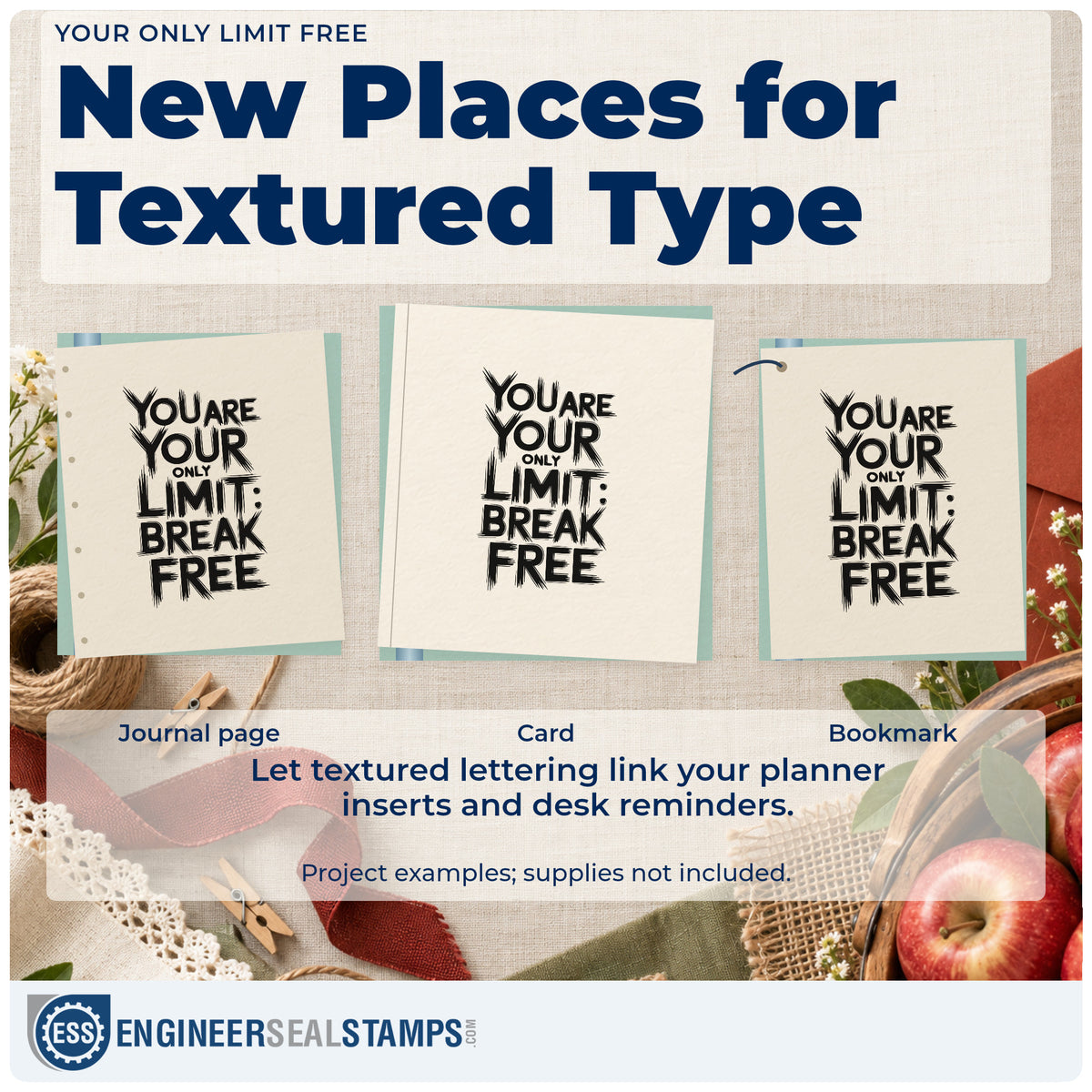 Three project examples made with the You Are Your Only Limit Break Free Stamp – Duo Hand, including run log sheet.