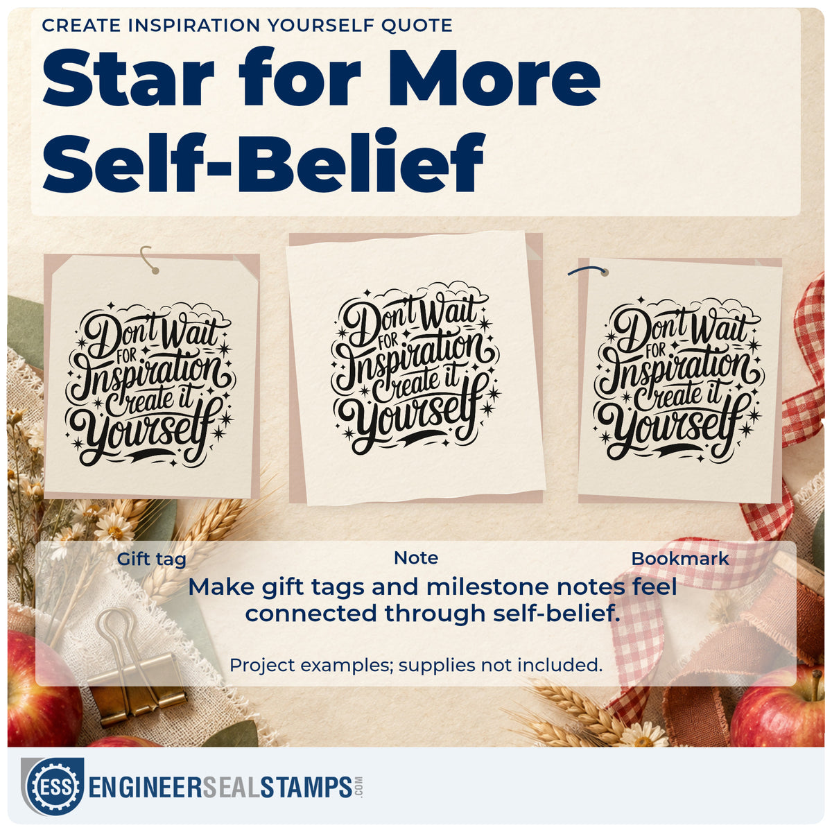 Three project examples made with the Don't Wait For Inspiration Create It Yourself Wood Handle Stamp, including song draft sheet.
