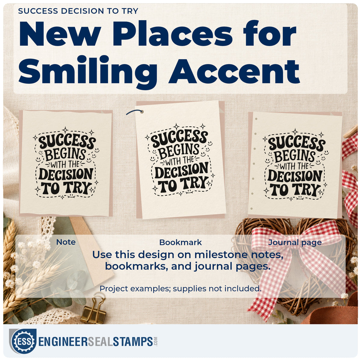 Three project examples made with the Vintage Pro Success Decision To Try Premium Wooden Stamp, including session plan sheet.