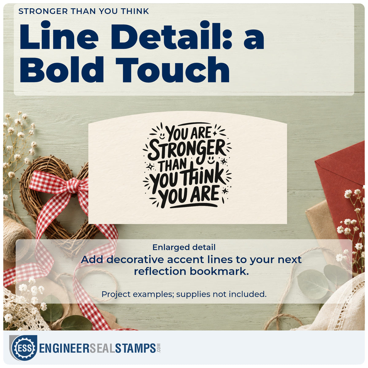 Enlarged detail of the Stronger Than You Think Premium Wooden Stamp – Vintage Pro imprint. YOU ARE STRONGER THAN YOU THINK YOU ARE appears in bold hand lettering surrounded by stars and accent strokes.