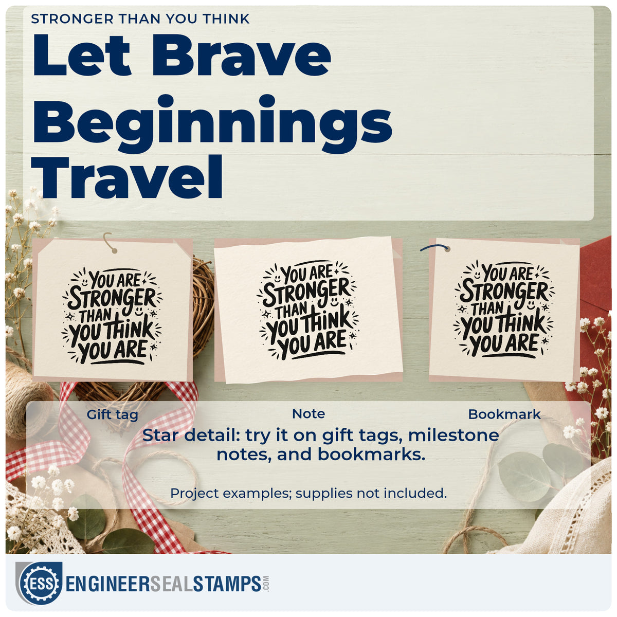 Three project examples made with the Stronger Than You Think Premium Wooden Stamp – Vintage Pro, including cord count sheet.