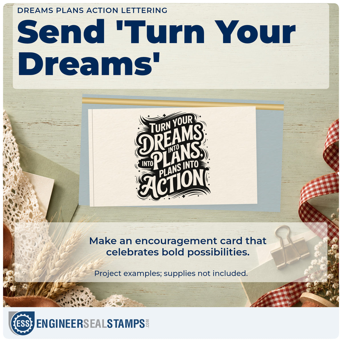 A finished handmade project stamped with the Turn Your Dreams Decorative Word Art Rubber Stamp – Wood Handle, ideal for trip plan album page.