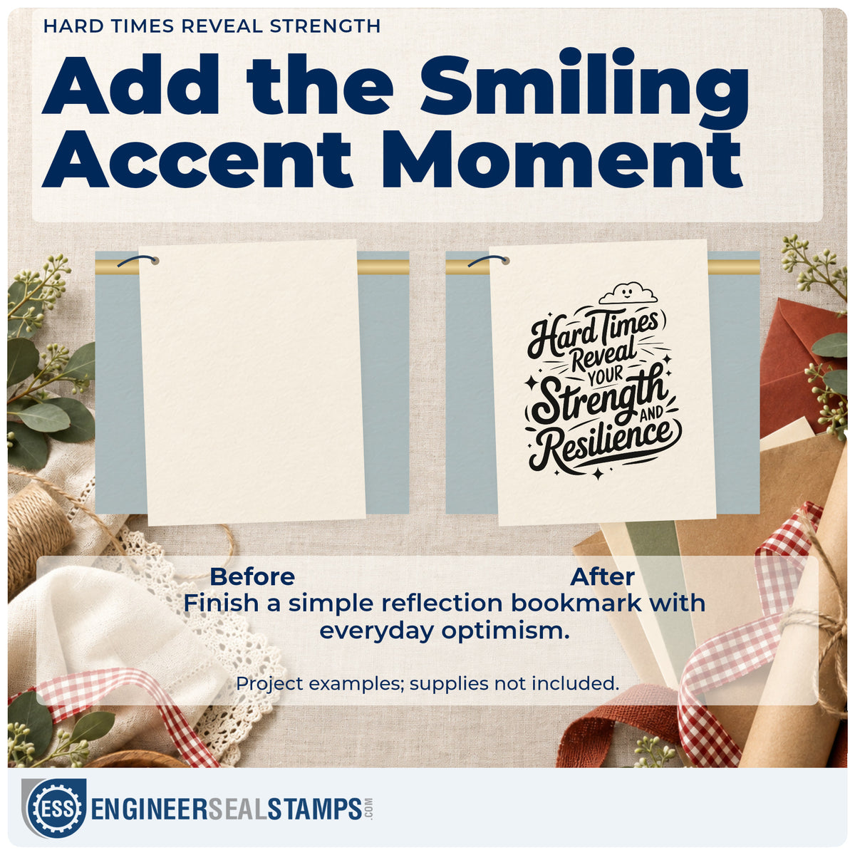 Before and after of a plain item finished with the Hard Times Reveal Strength Premium Wood-Mounted Stamp – Vintage Pro, a quick upgrade for framed stock room.