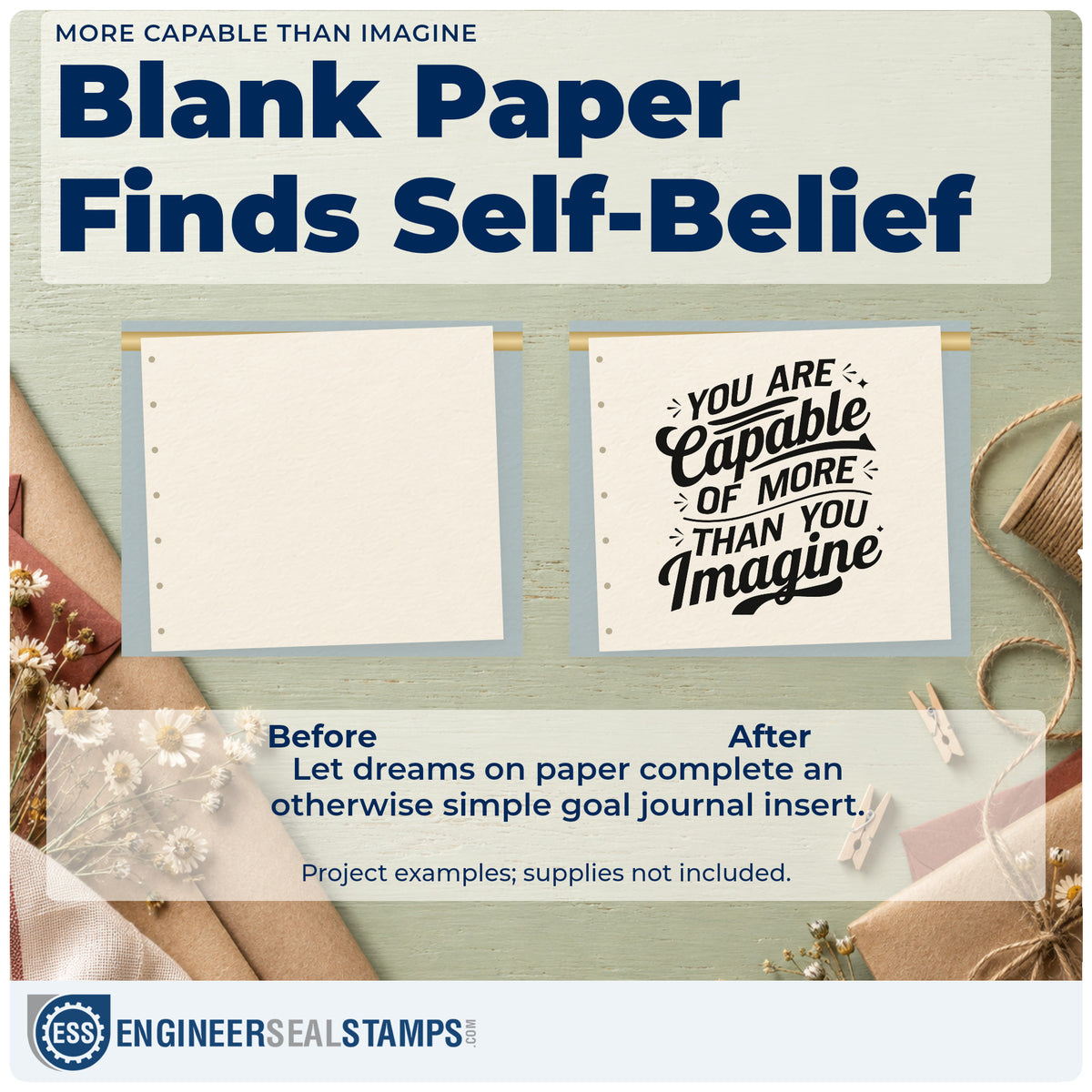 Before and after of a plain item finished with the Self-Inking You Are Capable Of More Than You Imagine Stamp, a quick upgrade for framed locker row.